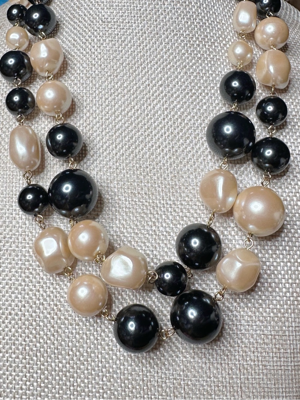 Pearl and Black Bead Double Strand Necklace & Bracelet Set - Picture 2 of 4